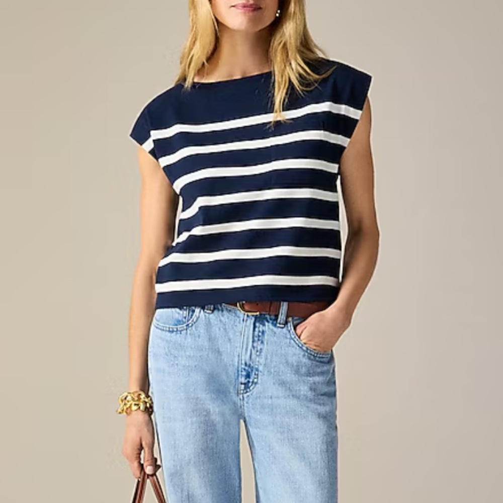J. Crew New mariner jersey boatneck muscle T-shirt in stripe Medium Blue White